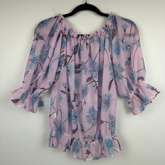 Womens Chiffon Floral Puff Sleeve Boat Tie Neck Romantic Pink/Blue Top Small - Picture 2 of 10